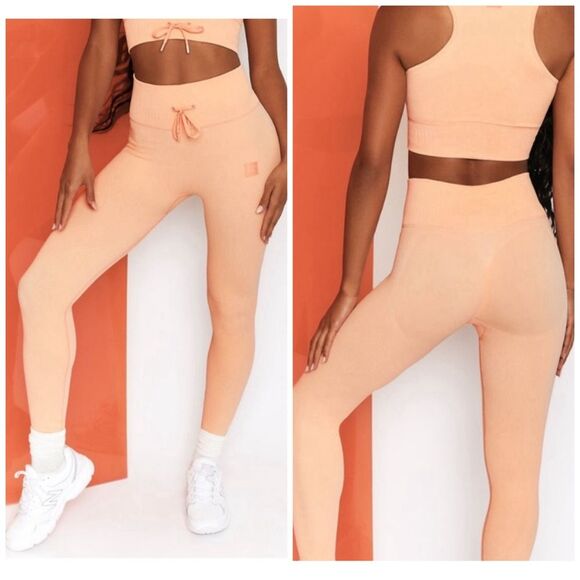 NWT Bo+Tee Sz XS ENERGISE Ribbed Tie Front Full Length Leggings In Peach - Picture 1 of 10